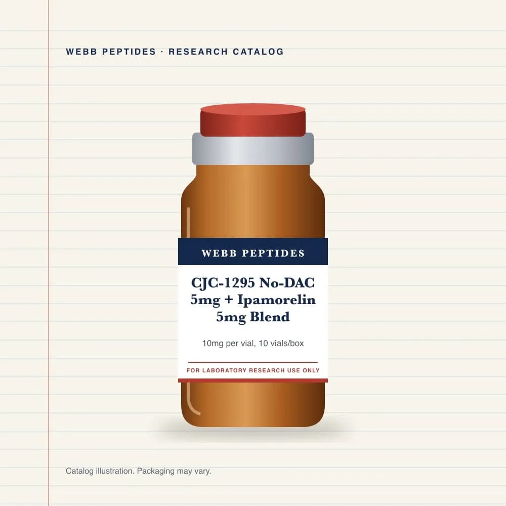 CJC-1295 No-DAC 5 mg + Ipamorelin 5 mg Blend vial label, Webb Peptides catalog: box of 10 × 10 mg