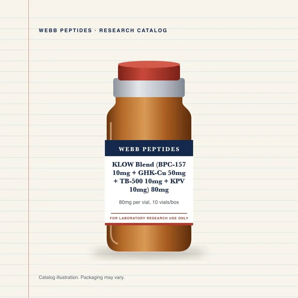 KLOW Blend (BPC-157 10 mg + GHK-Cu 50 mg + TB-500 10 mg + KPV 10 mg) 80 mg vial label, Webb Peptides catalog: box of 10 × 80 mg