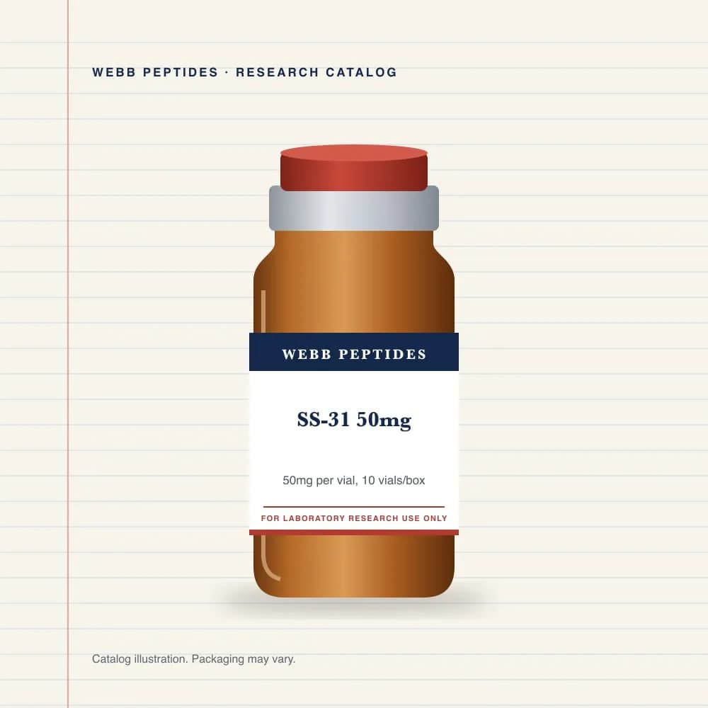 SS-31 50 mg vial label, Webb Peptides catalog: box of 10 × 50 mg
