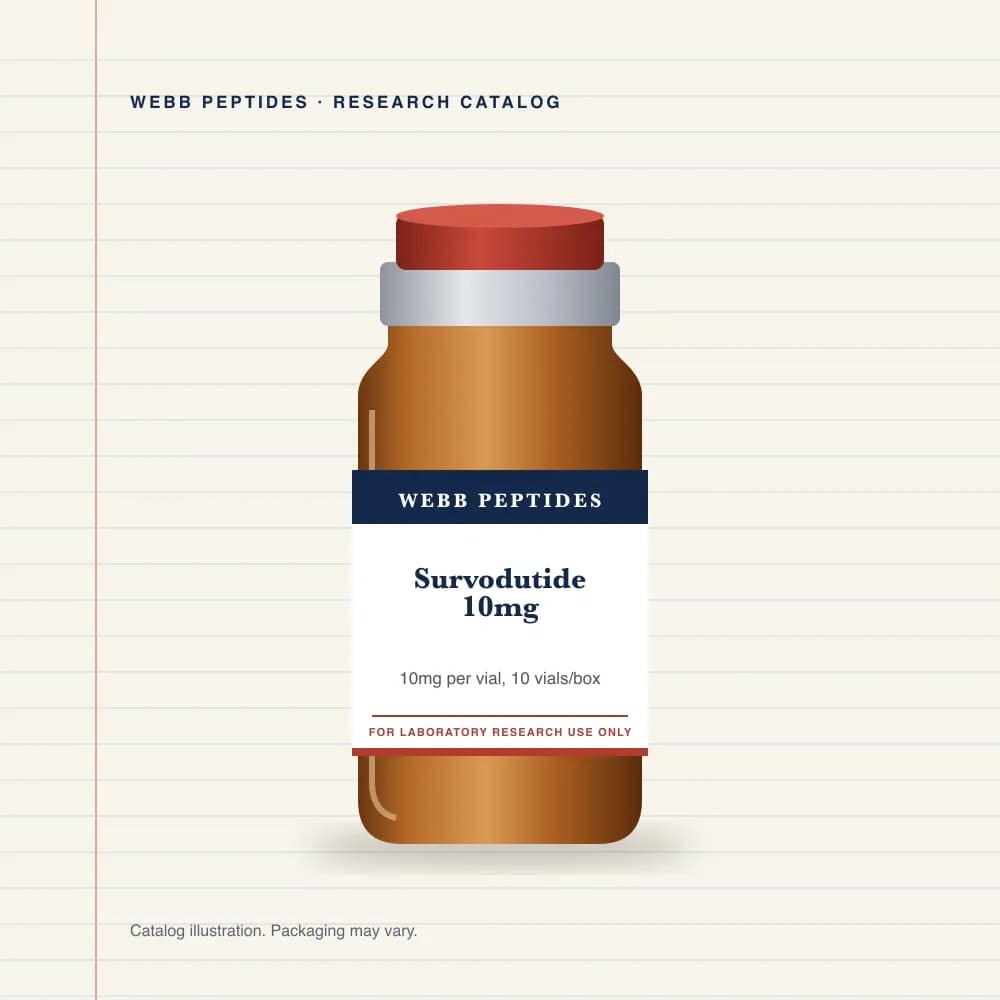 Survodutide 10 mg vial label, Webb Peptides catalog: box of 10 × 10 mg