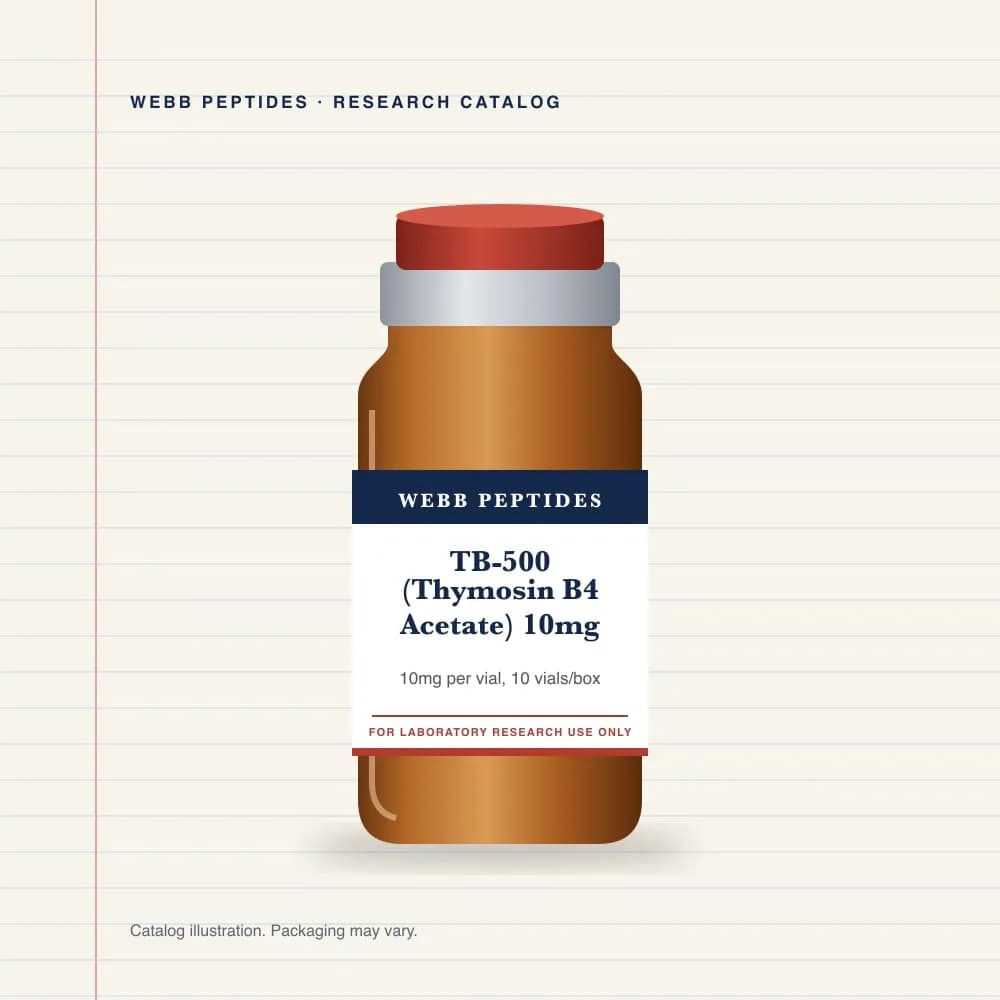 TB-500 (Thymosin B4 Acetate) 10 mg vial label, Webb Peptides catalog: box of 10 × 10 mg