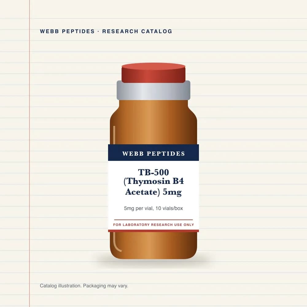 TB-500 (Thymosin B4 Acetate) 5 mg vial label, Webb Peptides catalog: box of 10 × 5 mg