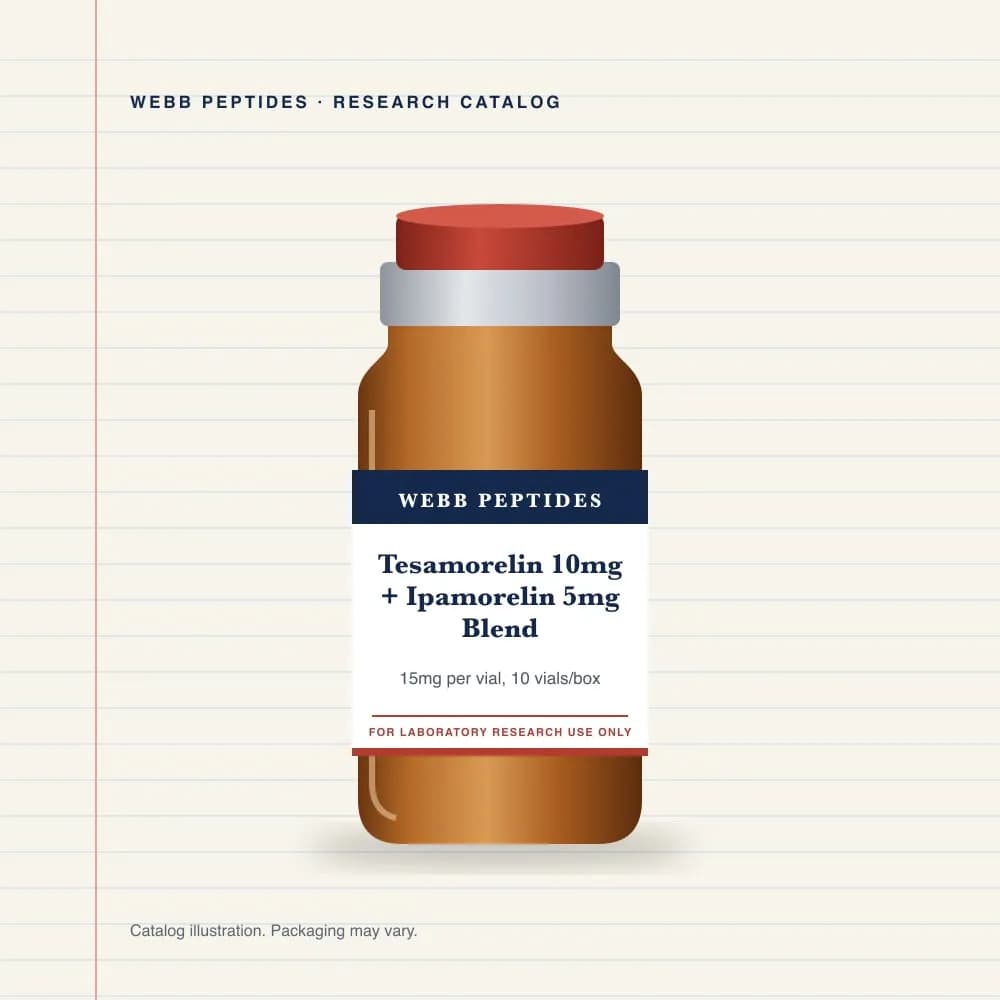Tesamorelin 10 mg + Ipamorelin 5 mg Blend vial label, Webb Peptides catalog: box of 10 × 15 mg