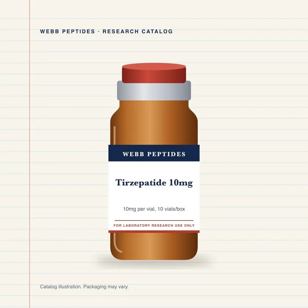 Tirzepatide 10 mg vial label, Webb Peptides catalog: box of 10 × 10 mg
