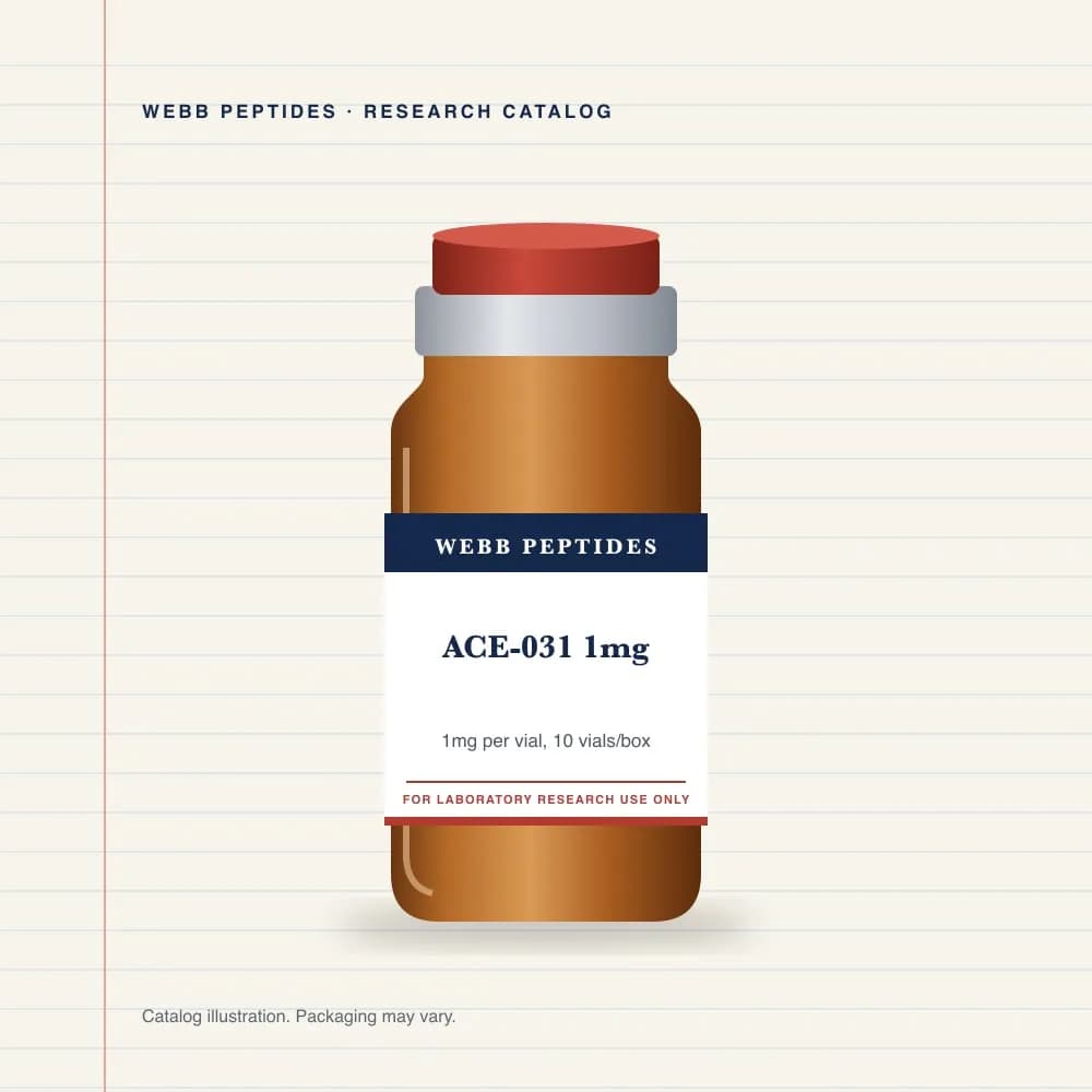 ACE-031 1 mg vial label, Webb Peptides catalog: box of 10 × 1 mg