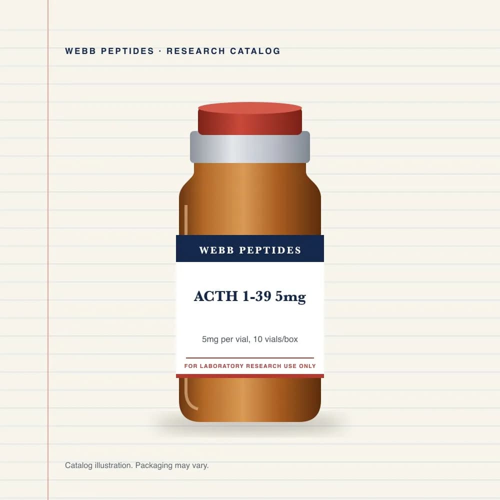 ACTH 1-39 5 mg vial label, Webb Peptides catalog: box of 10 × 5 mg