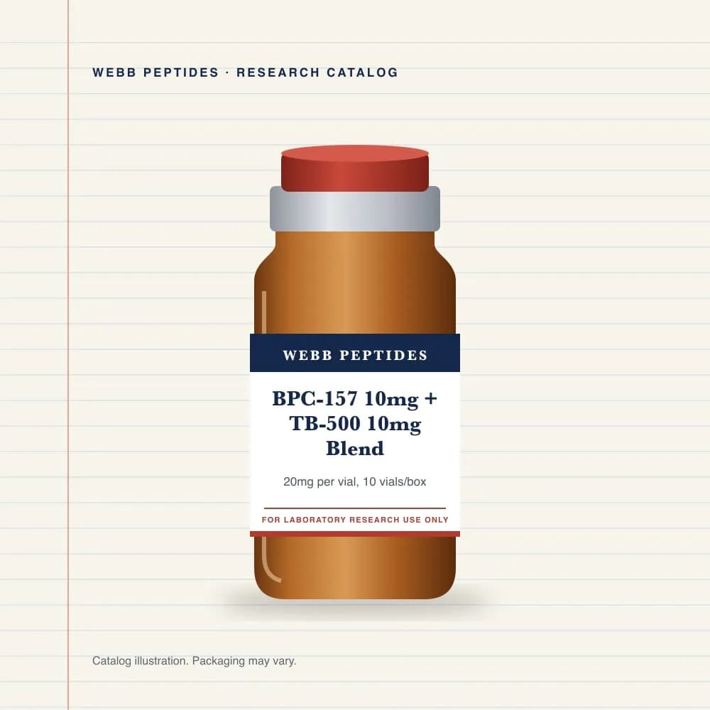 BPC-157 10 mg + TB-500 10 mg Blend vial label, Webb Peptides catalog: box of 10 × 20 mg
