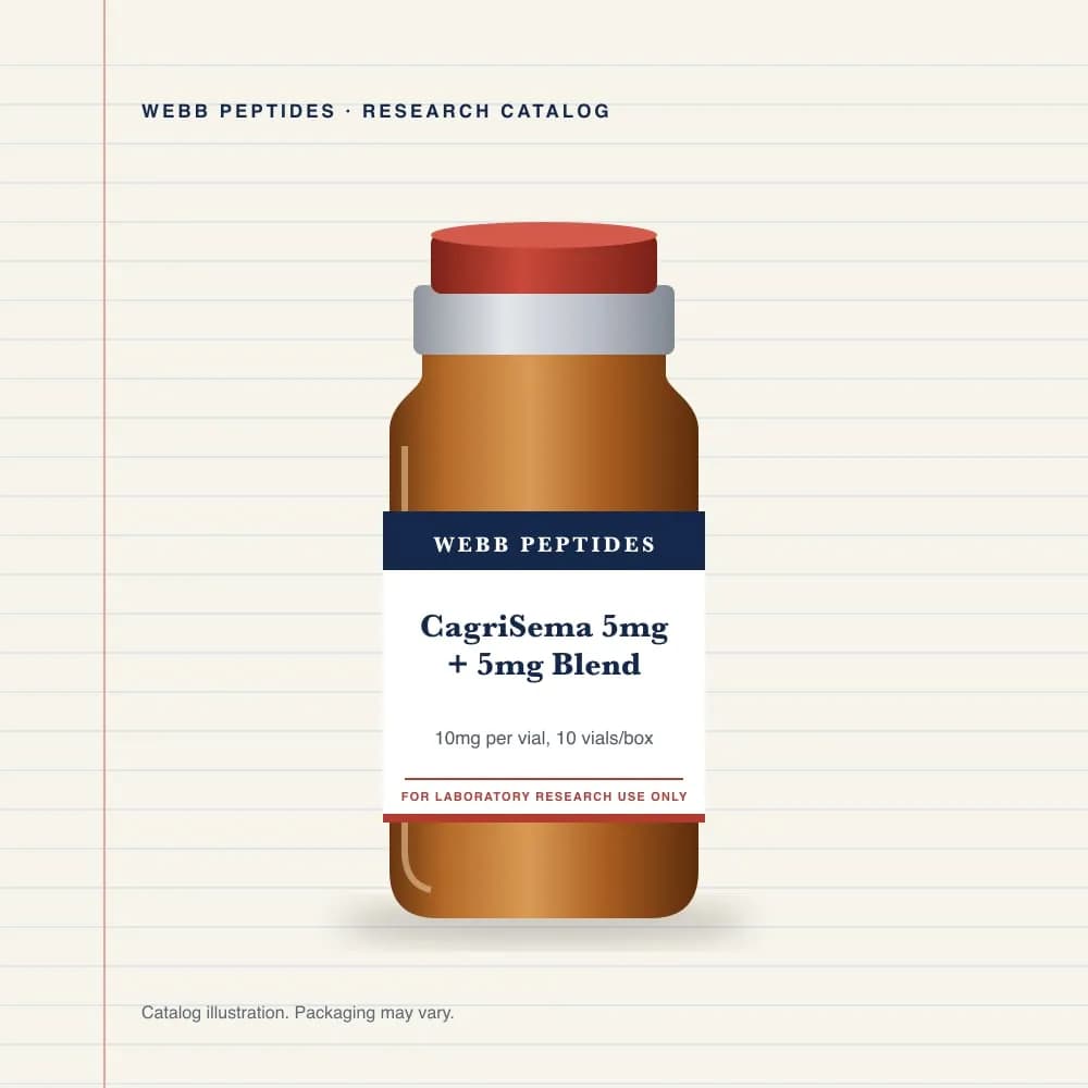 CagriSema 5 mg + 5 mg Blend vial label, Webb Peptides catalog: box of 10 × 10 mg