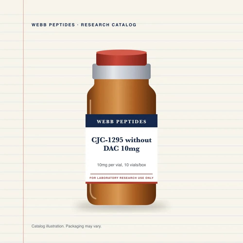 CJC-1295 without DAC 10 mg vial label, Webb Peptides catalog: box of 10 × 10 mg