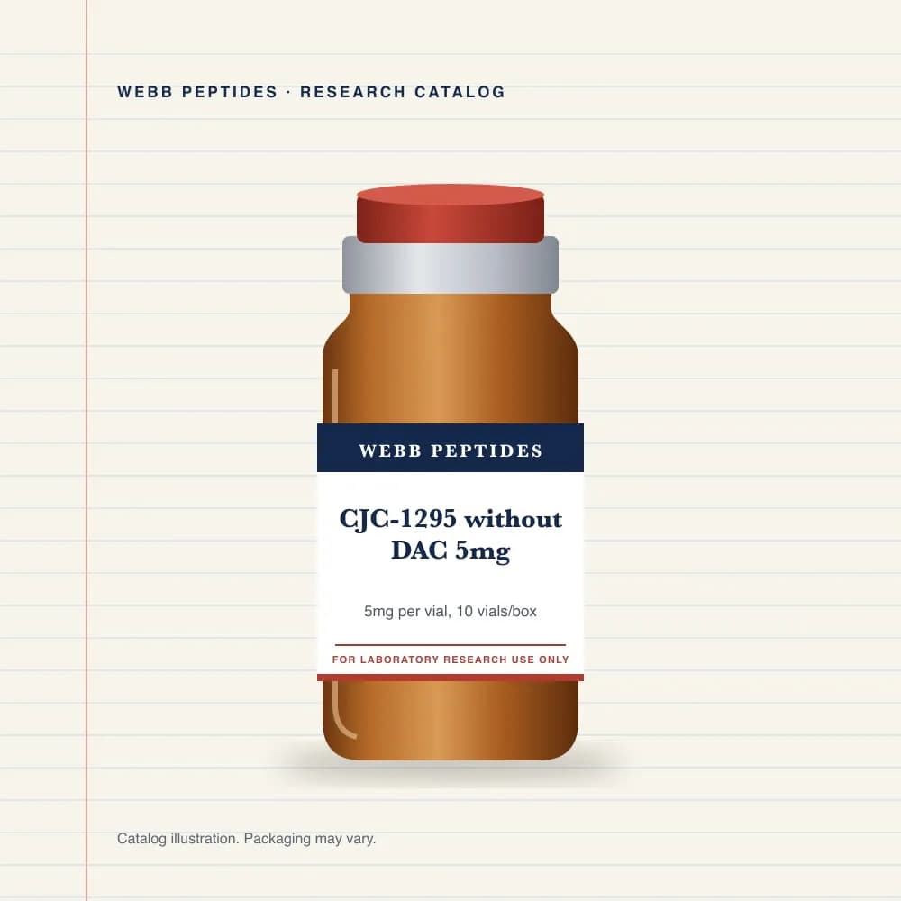 CJC-1295 without DAC 5 mg vial label, Webb Peptides catalog: box of 10 × 5 mg