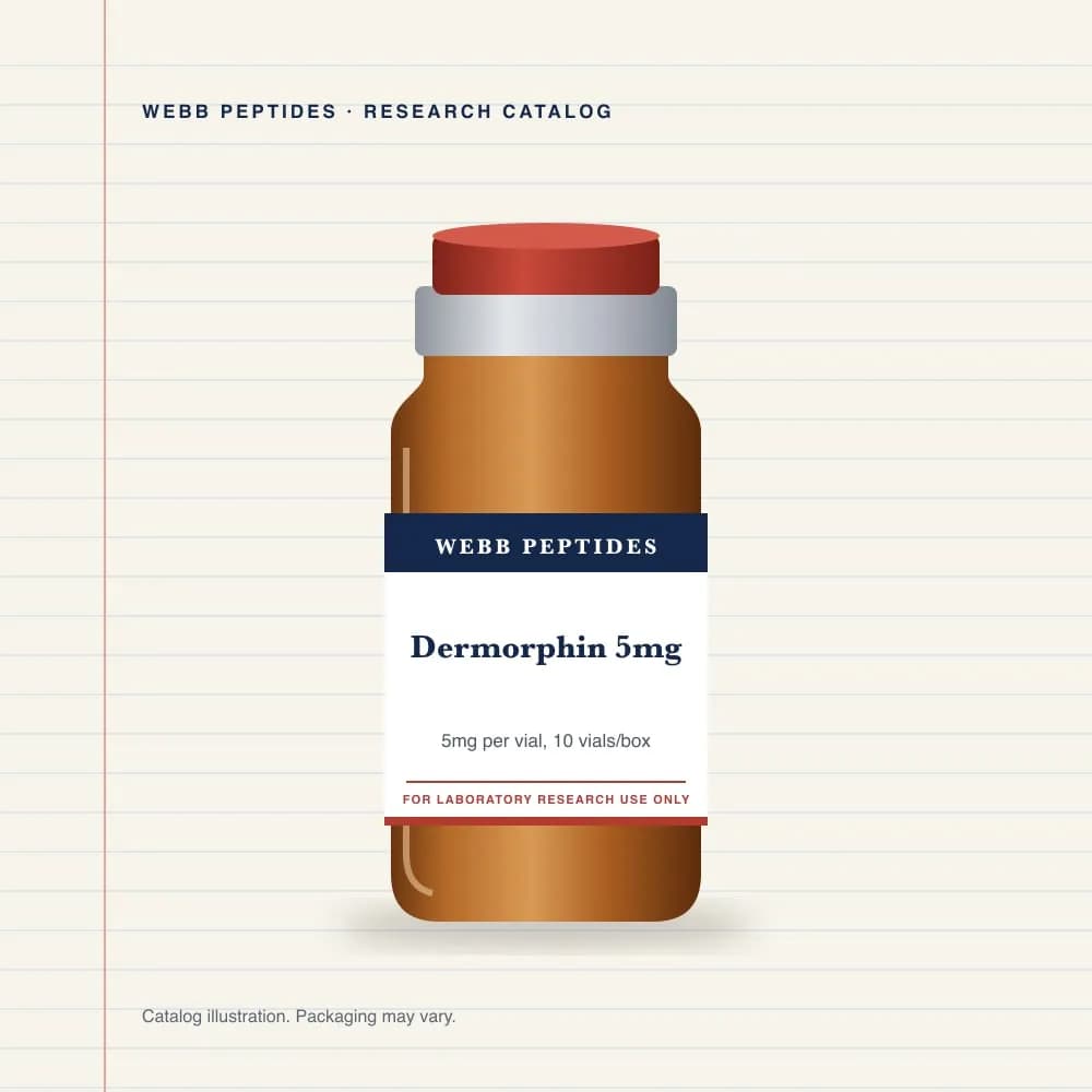 Dermorphin 5 mg vial label, Webb Peptides catalog: box of 10 × 5 mg