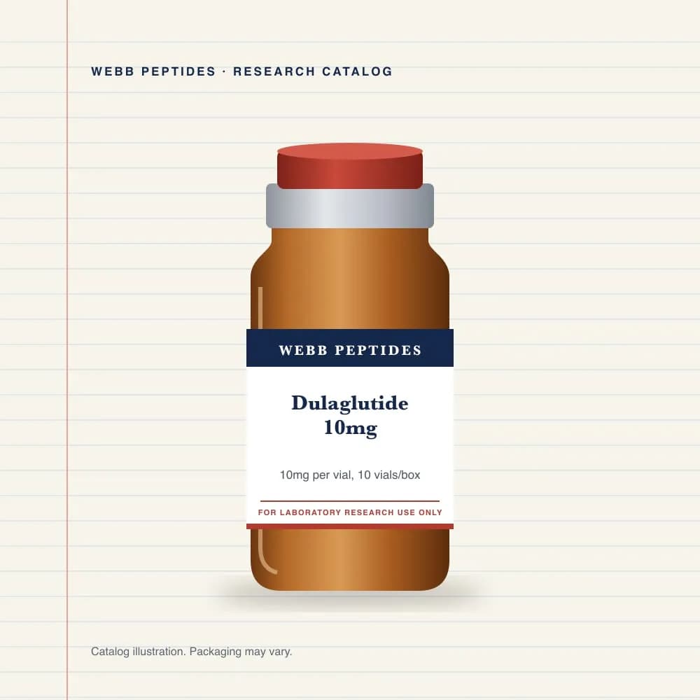 Dulaglutide 10 mg vial label, Webb Peptides catalog: box of 10 × 10 mg