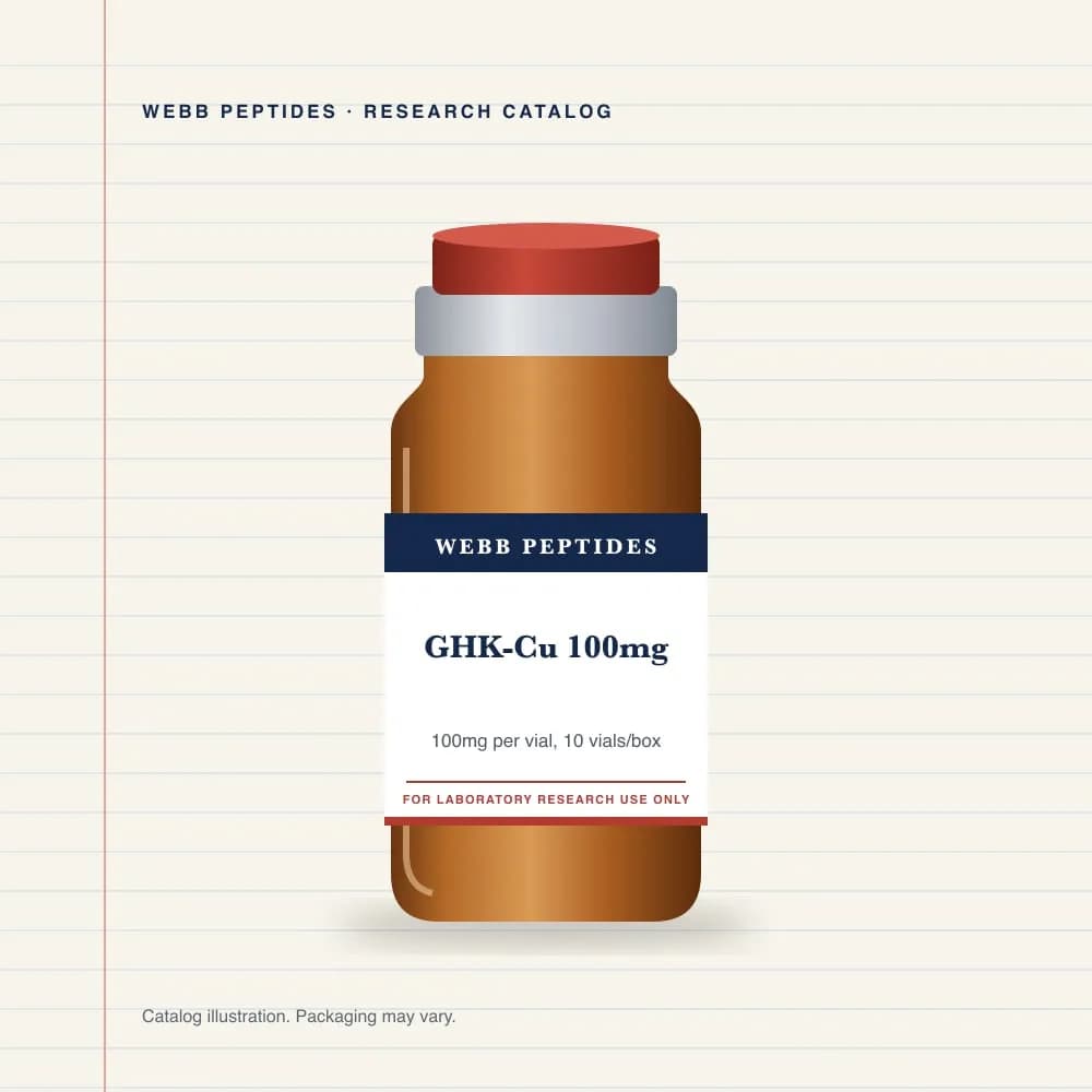 GHK-Cu 100 mg vial label, Webb Peptides catalog: box of 10 × 100 mg