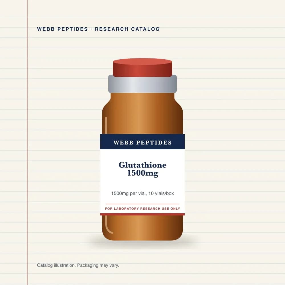 Glutathione 1500 mg vial label, Webb Peptides catalog: box of 10 × 1,500 mg