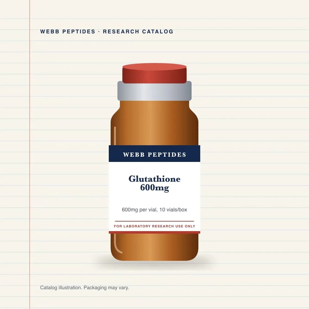 Glutathione 600 mg vial label, Webb Peptides catalog: box of 10 × 600 mg