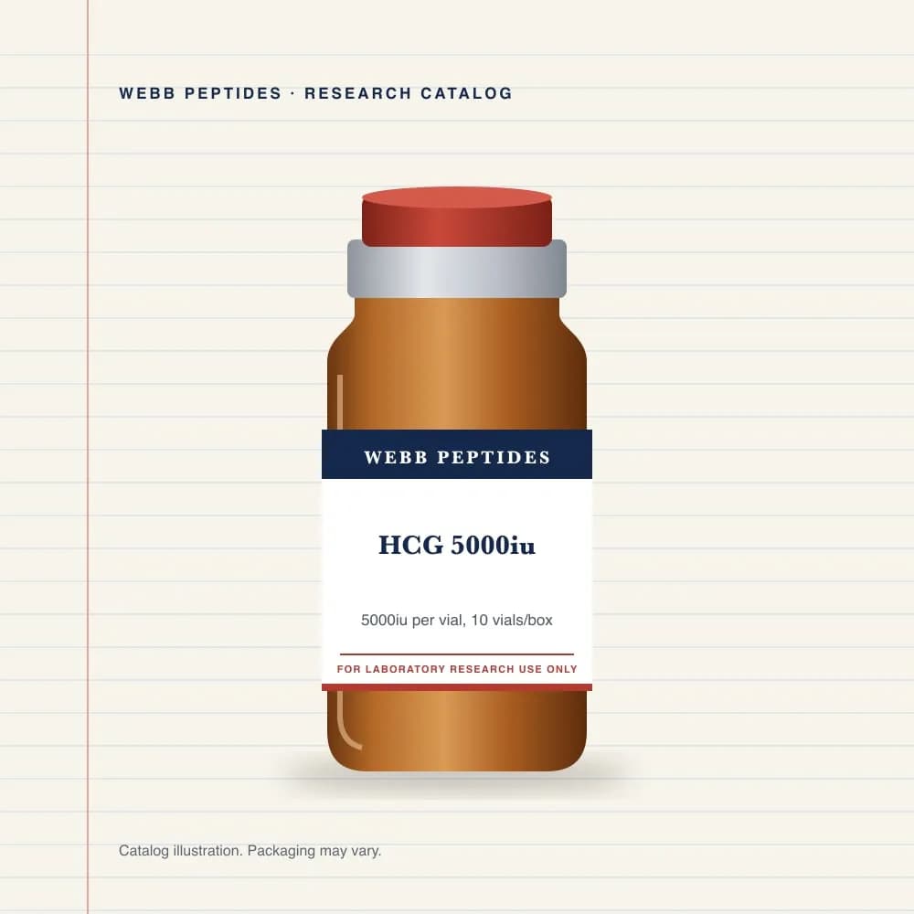 HCG 5000 IU vial label, Webb Peptides catalog: box of 10 × 5,000 IU