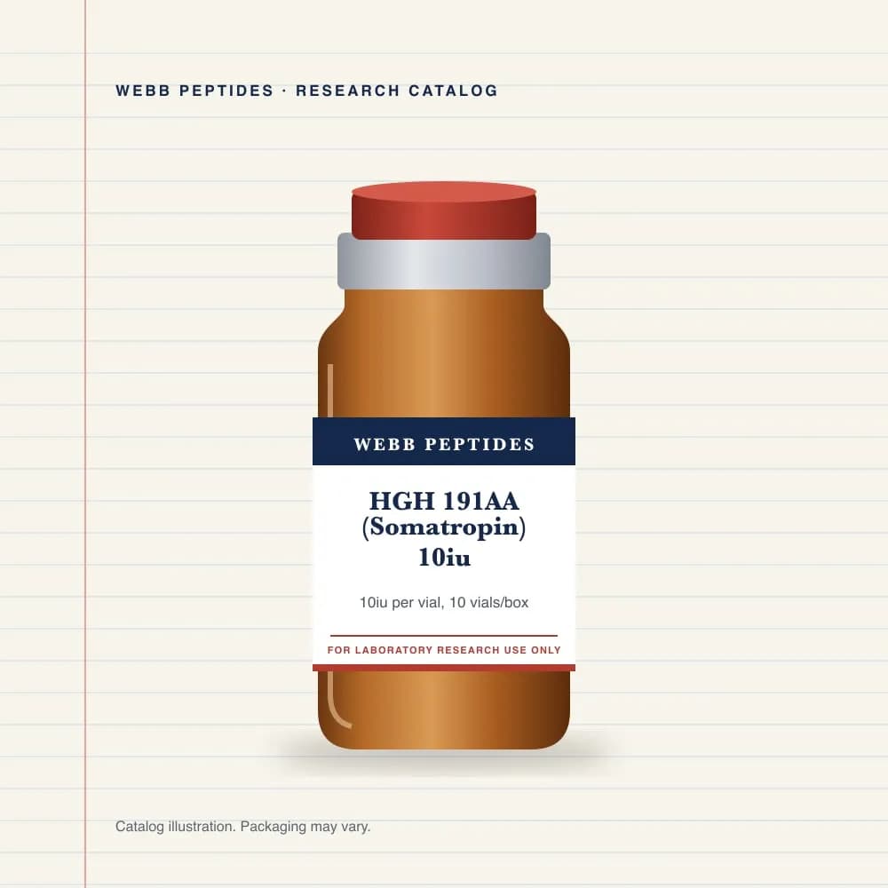 HGH 191AA (Somatropin) 10 IU vial label, Webb Peptides catalog: box of 10 × 10 IU