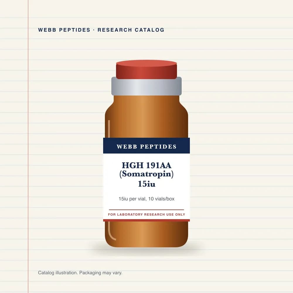HGH 191AA (Somatropin) 15 IU vial label, Webb Peptides catalog: box of 10 × 15 IU
