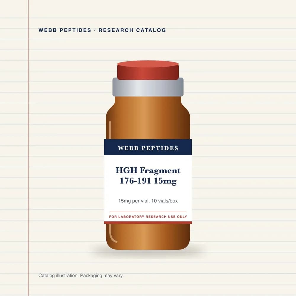 HGH Fragment 176-191 15 mg vial label, Webb Peptides catalog: box of 10 × 15 mg