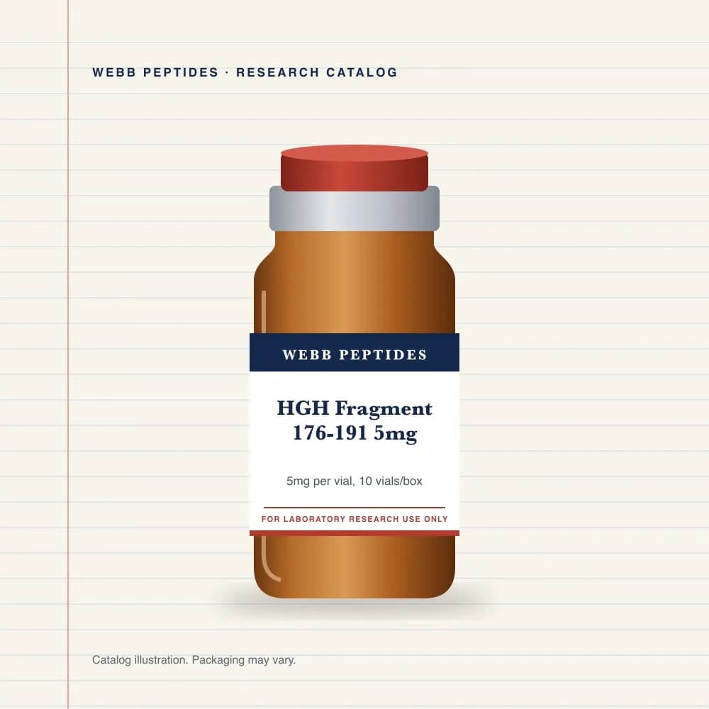 HGH Fragment 176-191 5 mg vial label, Webb Peptides catalog: box of 10 × 5 mg