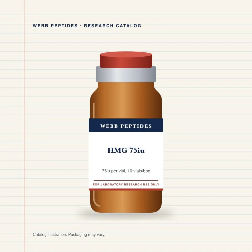 HMG 75 IU vial label, Webb Peptides catalog: box of 10 × 75 IU