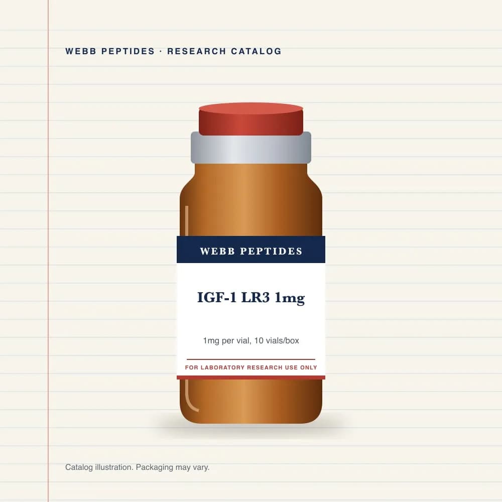 IGF-1 LR3 1 mg vial label, Webb Peptides catalog: box of 10 × 1 mg