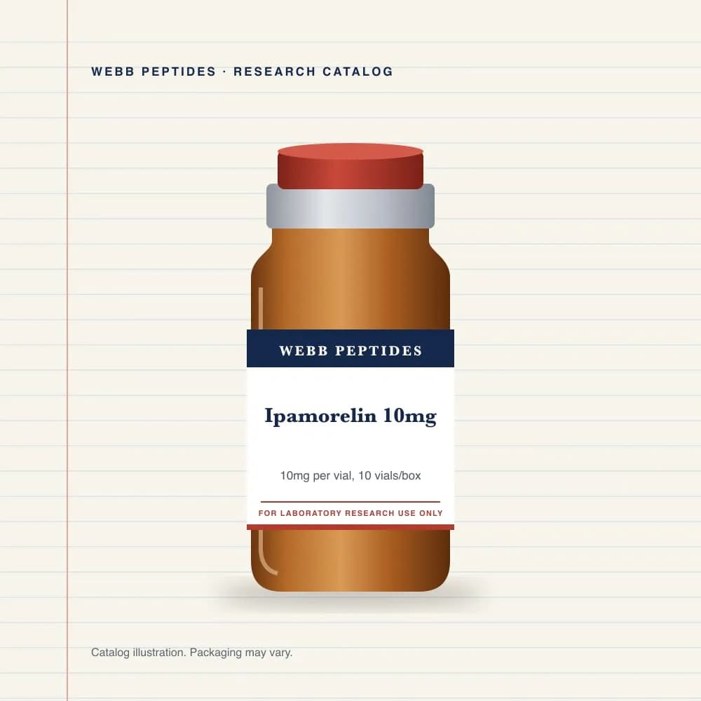 Ipamorelin 10 mg vial label, Webb Peptides catalog: box of 10 × 10 mg