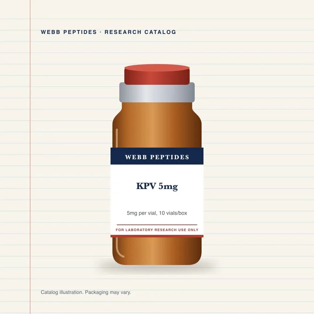 KPV 5 mg vial label, Webb Peptides catalog: box of 10 × 5 mg