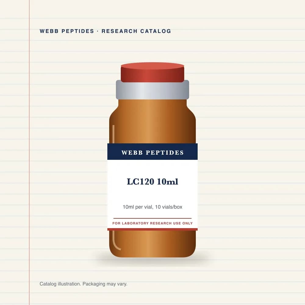 LC120 10 mL vial label, Webb Peptides catalog: box of 10 × 10 mL