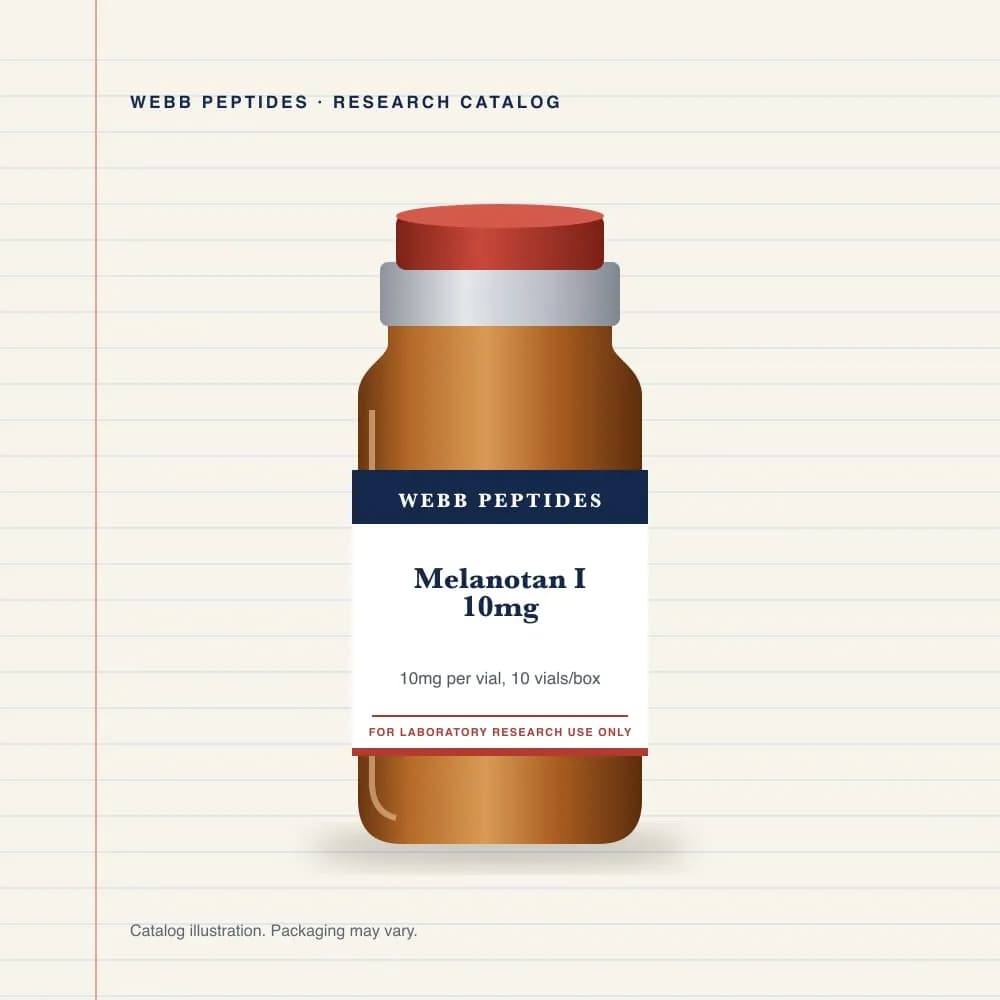 Melanotan I 10 mg vial label, Webb Peptides catalog: box of 10 × 10 mg