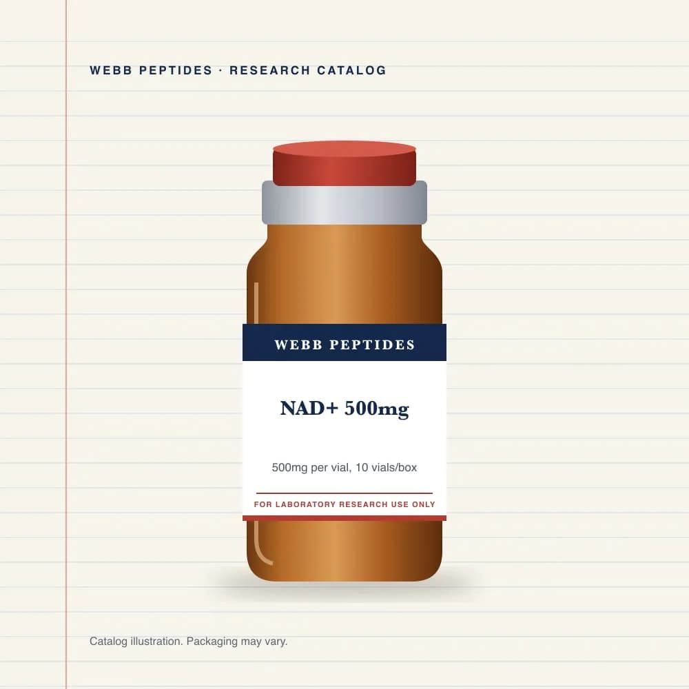 NAD+ 500 mg vial label, Webb Peptides catalog: box of 10 × 500 mg
