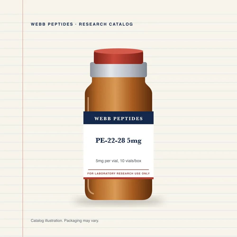 PE-22-28 5 mg vial label, Webb Peptides catalog: box of 10 × 5 mg