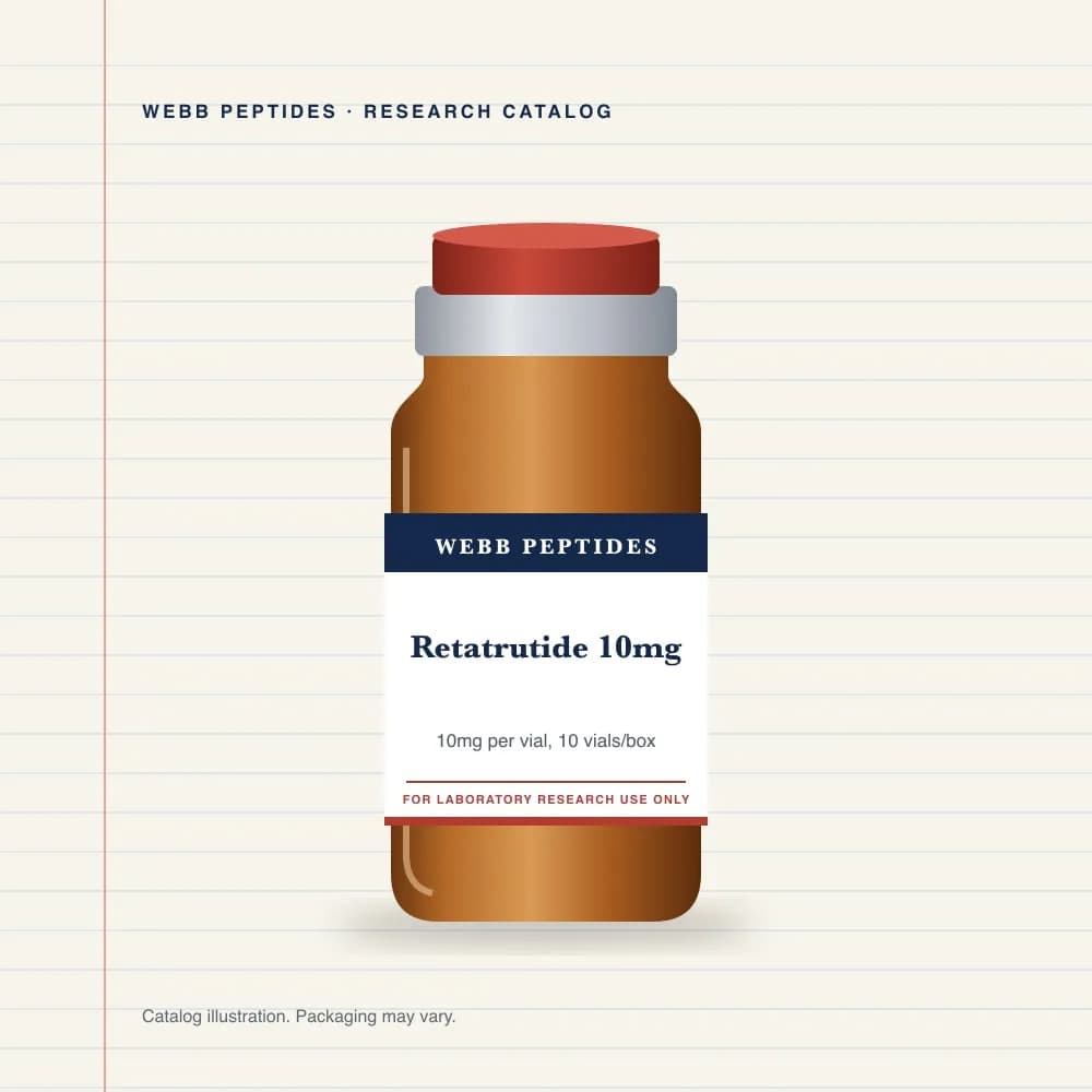 Retatrutide 10 mg vial label, Webb Peptides catalog: box of 10 × 10 mg