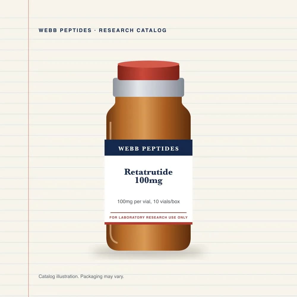 Retatrutide 100 mg vial label, Webb Peptides catalog: box of 10 × 100 mg