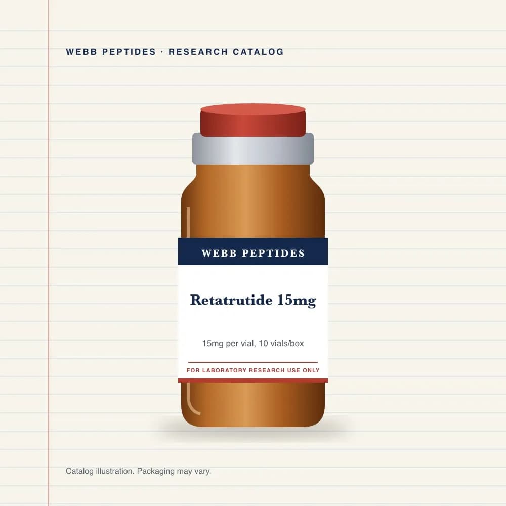 Retatrutide 15 mg vial label, Webb Peptides catalog: box of 10 × 15 mg