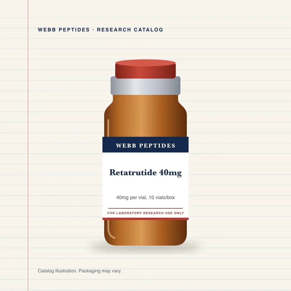 Retatrutide 40 mg vial label, Webb Peptides catalog: box of 10 × 40 mg