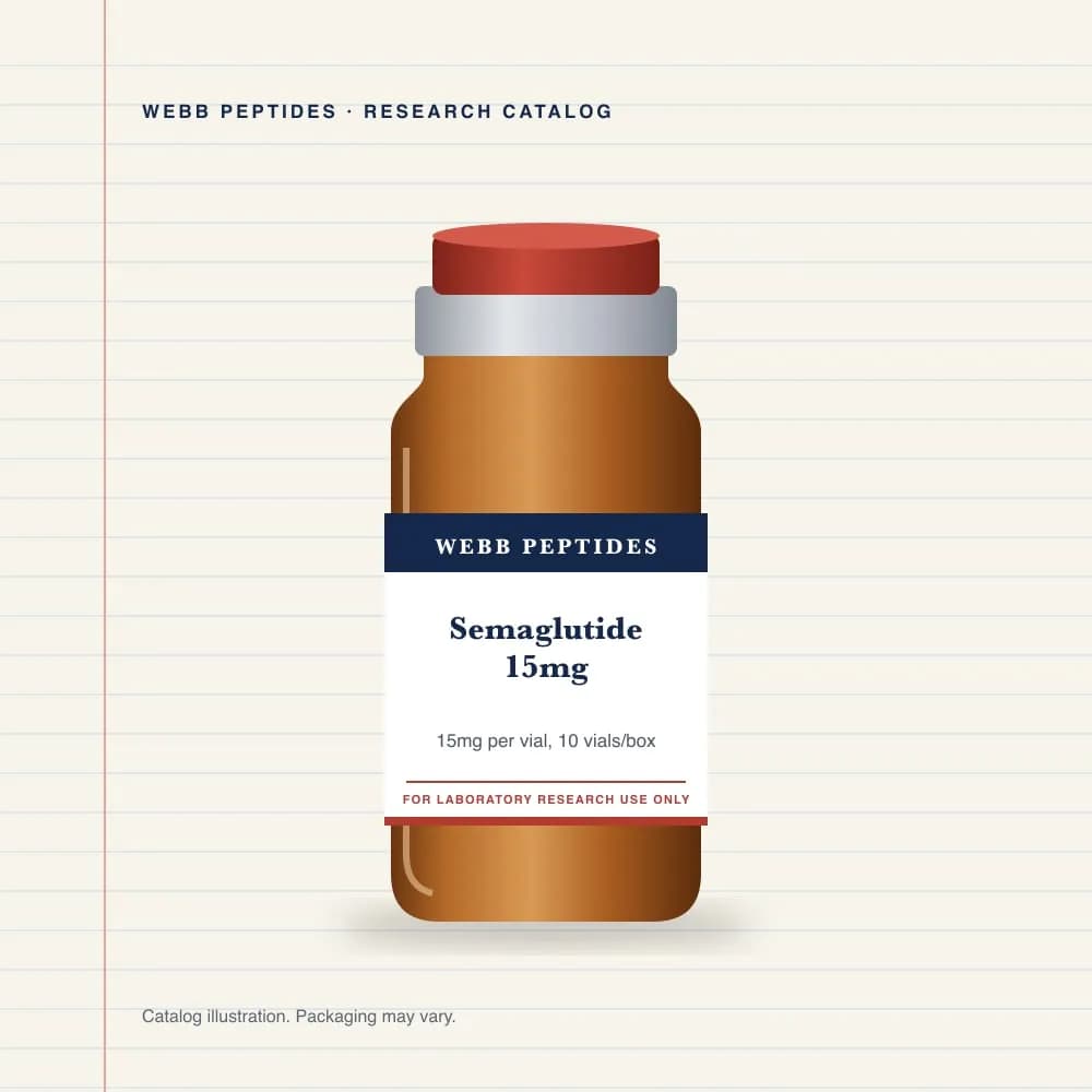 Semaglutide 15 mg vial label, Webb Peptides catalog: box of 10 × 15 mg