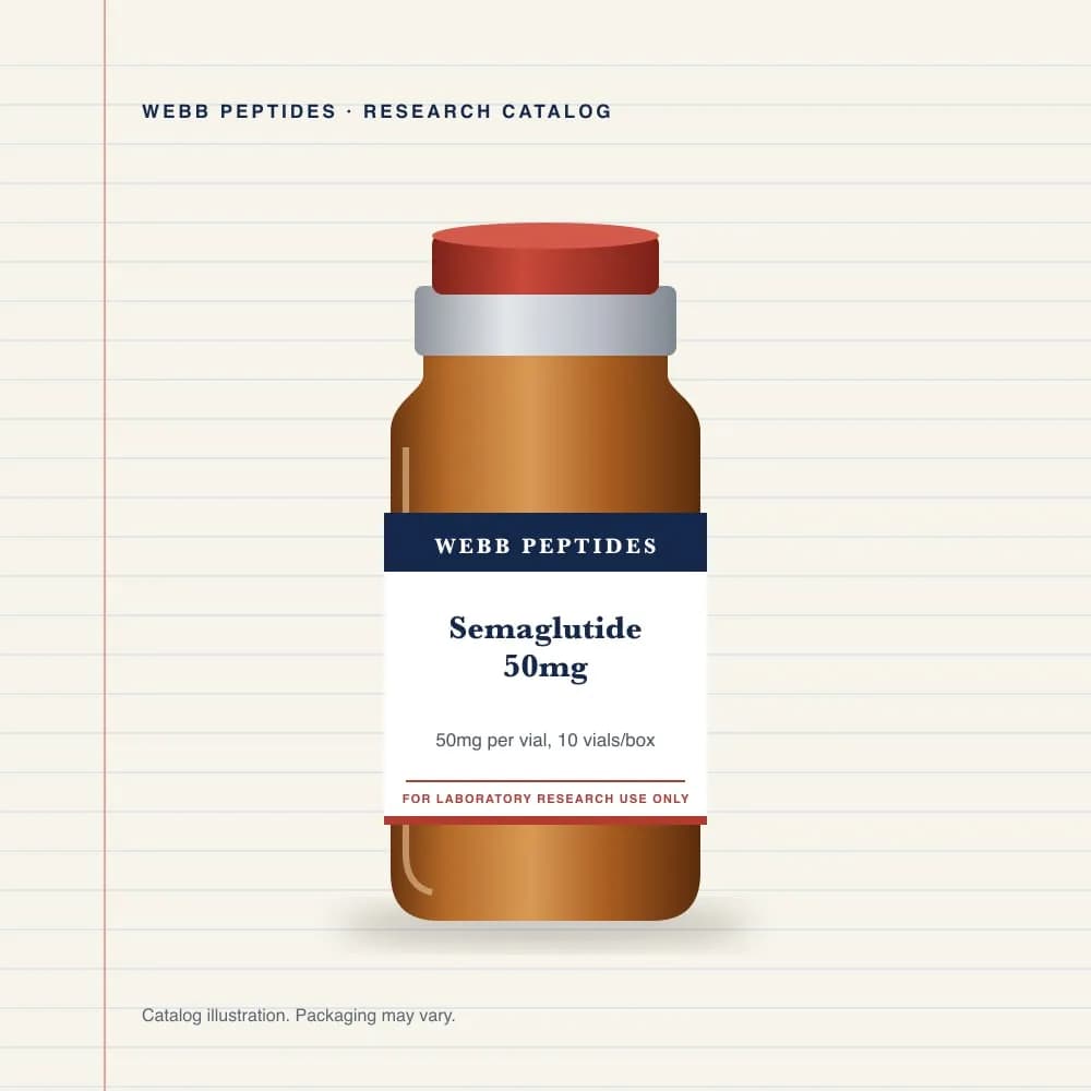 Semaglutide 50 mg vial label, Webb Peptides catalog: box of 10 × 50 mg
