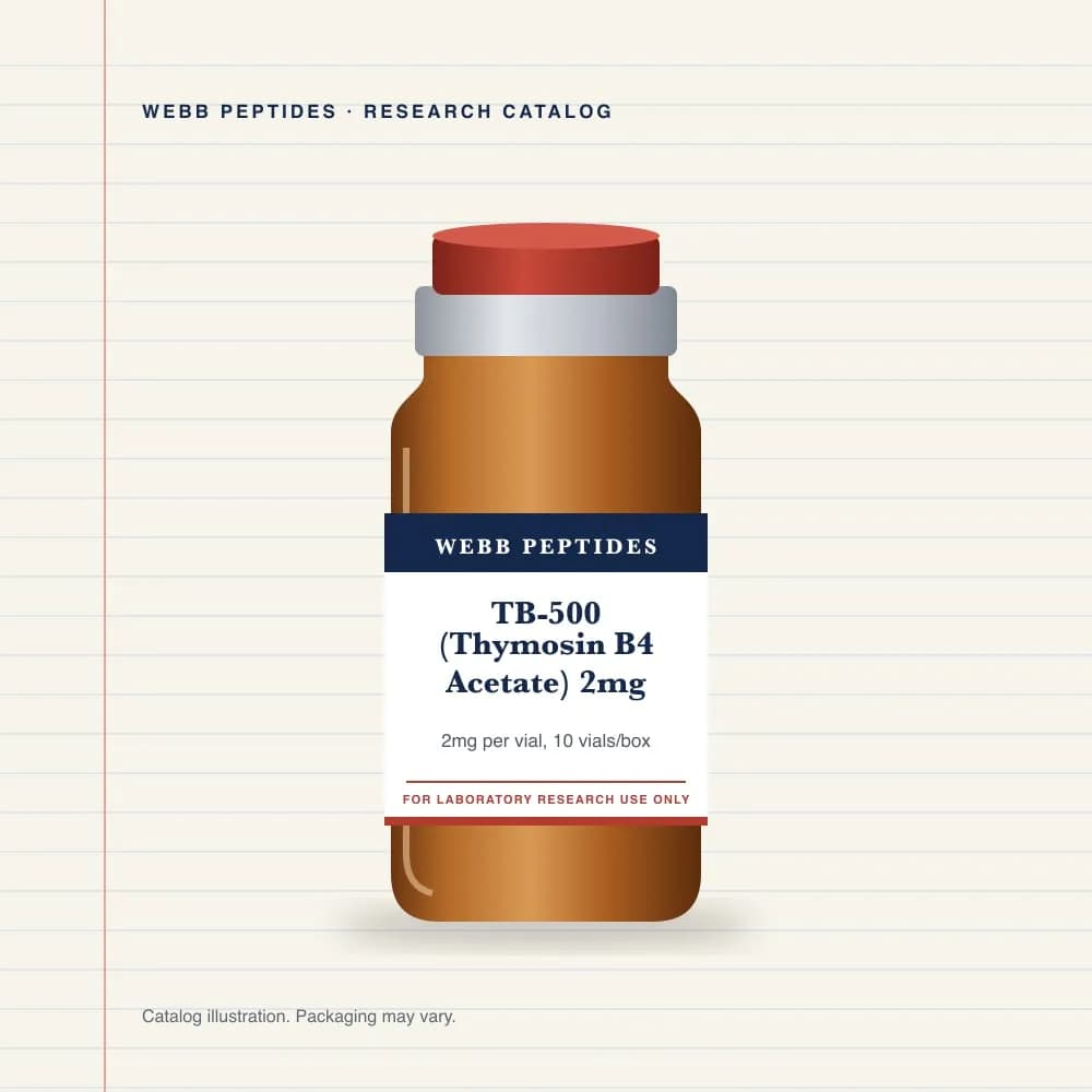 TB-500 (Thymosin B4 Acetate) 2 mg vial label, Webb Peptides catalog: box of 10 × 2 mg