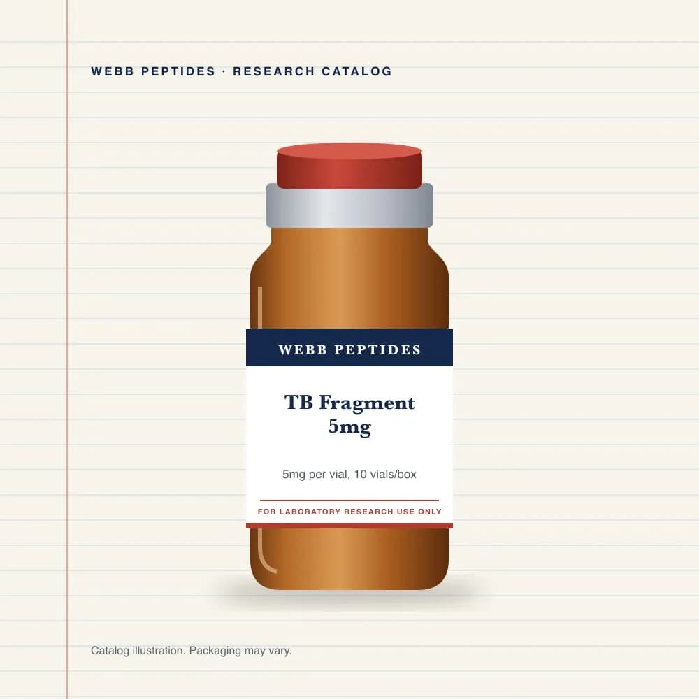 TB Fragment 5 mg vial label, Webb Peptides catalog: box of 10 × 5 mg