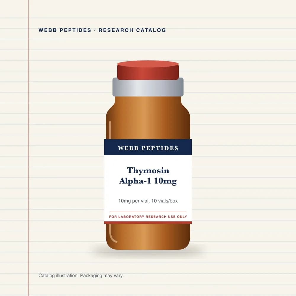 Thymosin Alpha-1 10 mg vial label, Webb Peptides catalog: box of 10 × 10 mg