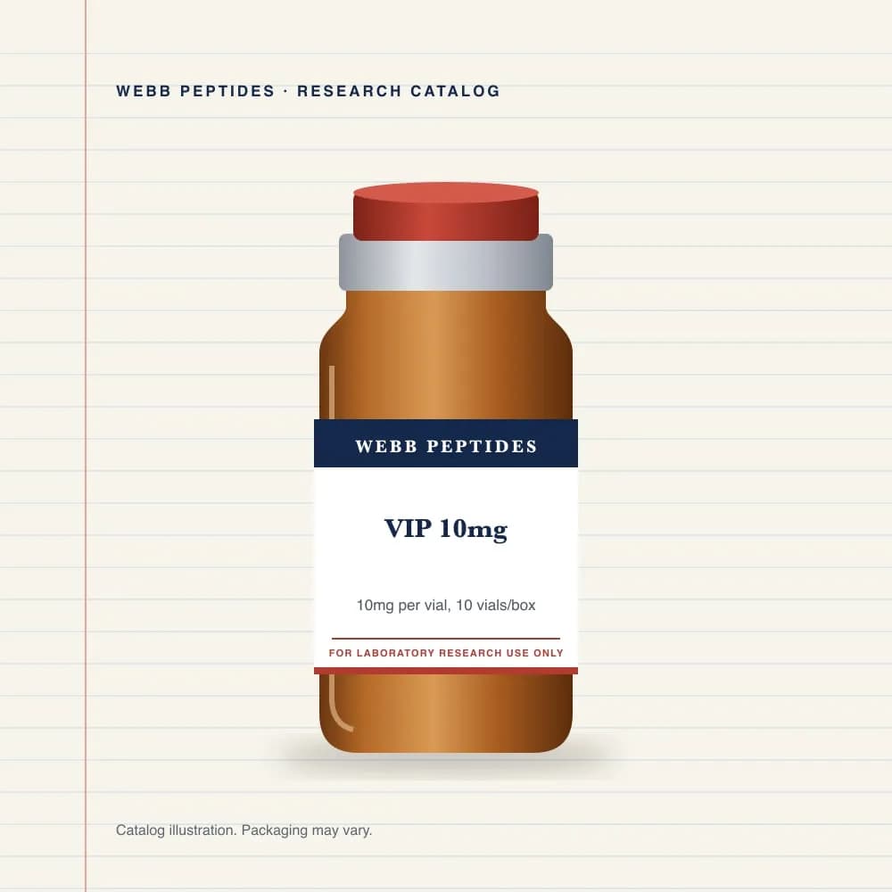 VIP 10 mg vial label, Webb Peptides catalog: box of 10 × 10 mg
